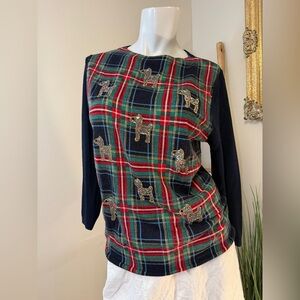Talbots Sweater Size M Merino Wool Christmas Plaid Rhinestone Dog Womens